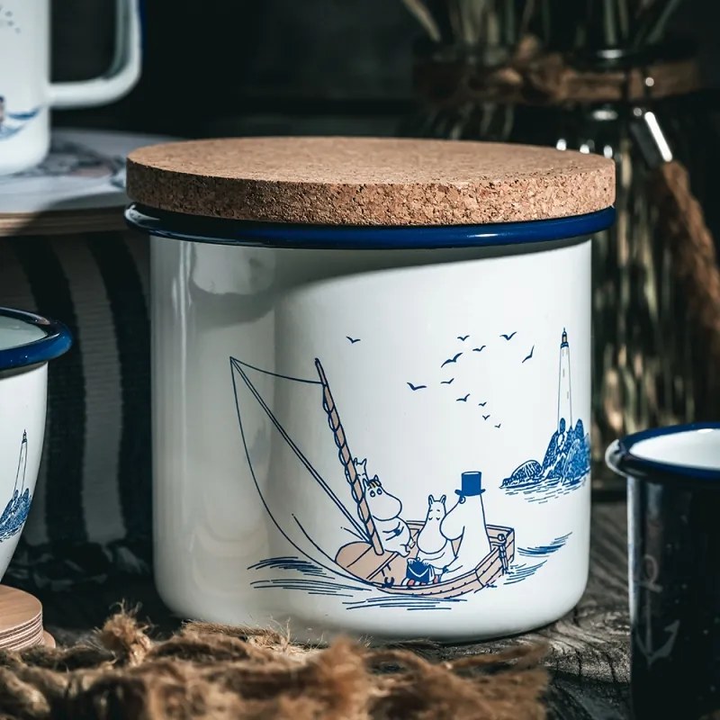 Dóza s vekom Moomins Sailors 1,3l, smalt-korok / modro-bílá