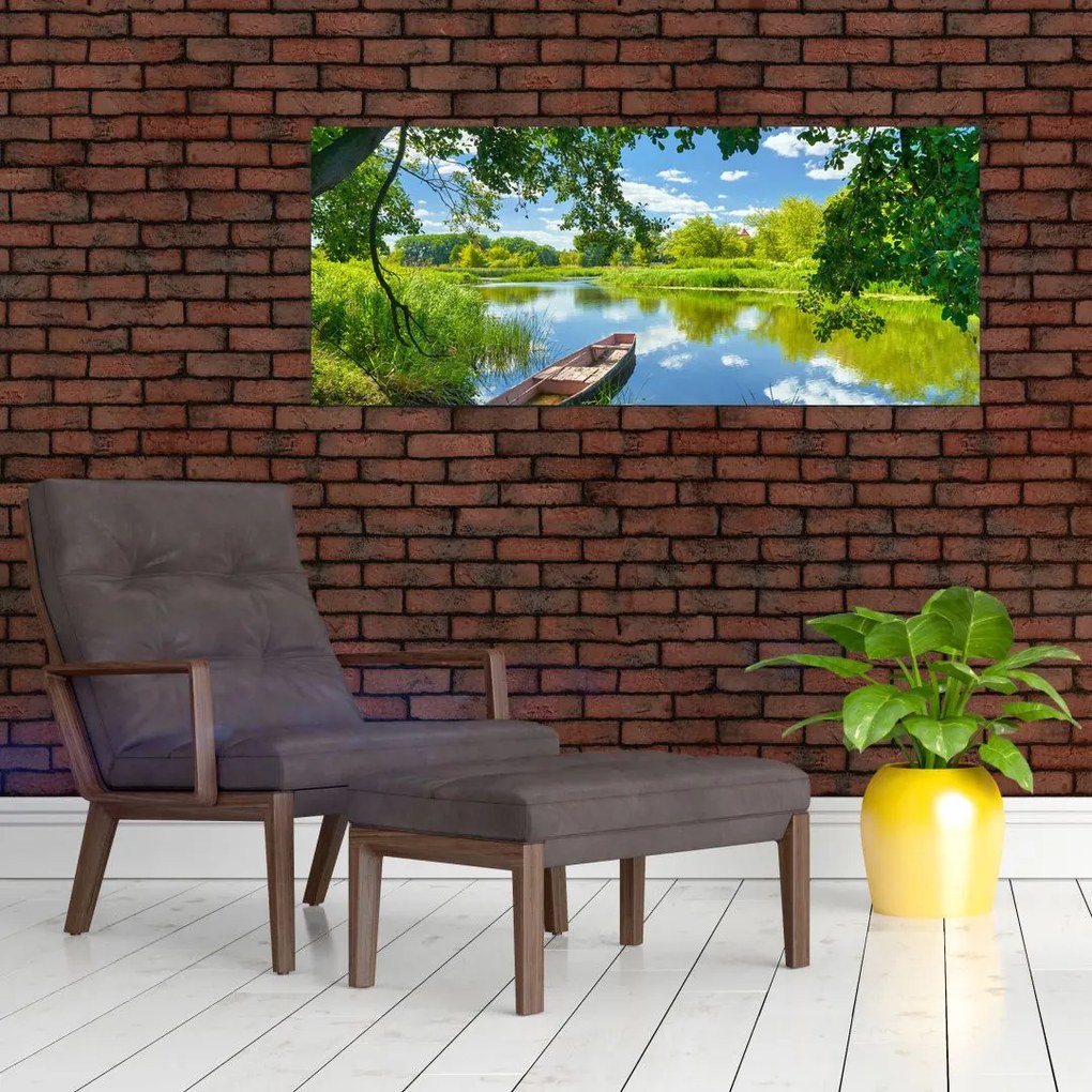 Obraz letné rieky s loďkou (120x50 cm)