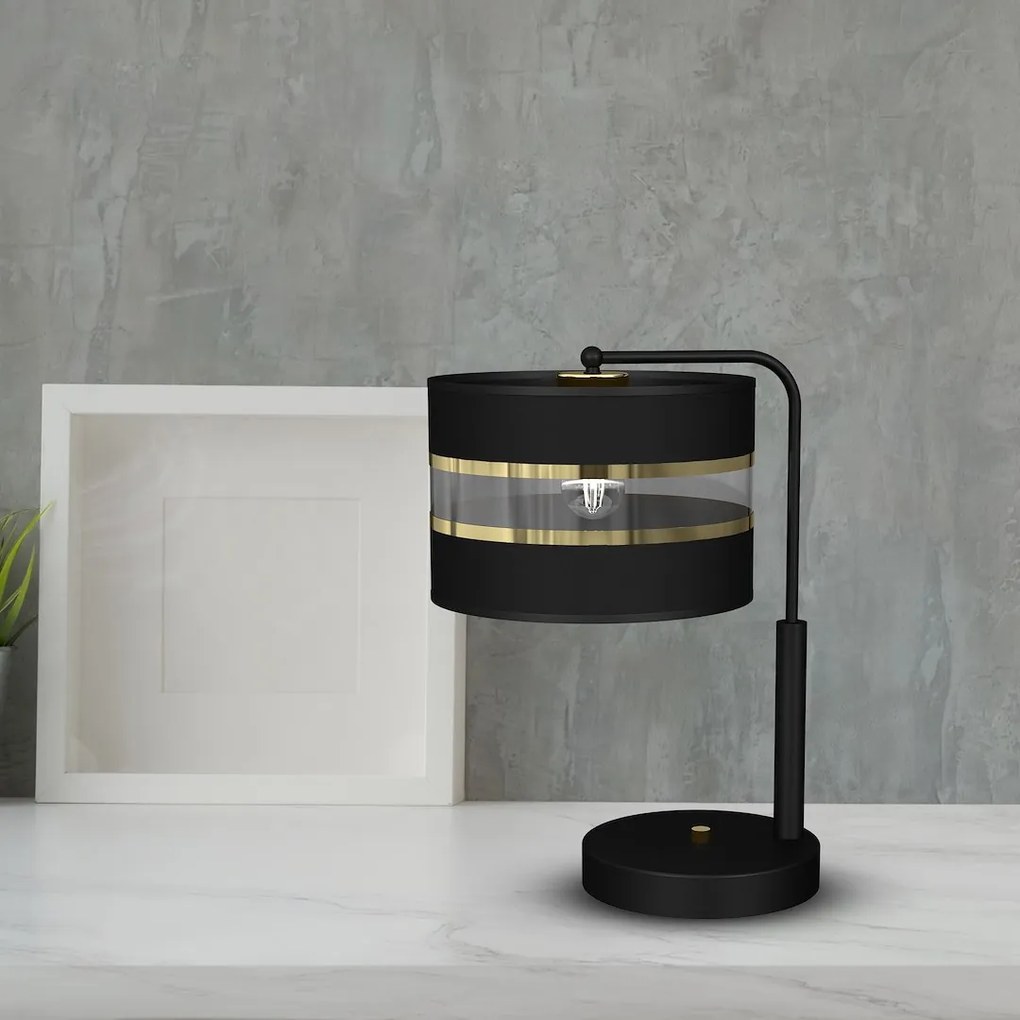 Stolná lampa Ultimo, 1x čierne/zlaté textilné tienidlo, b