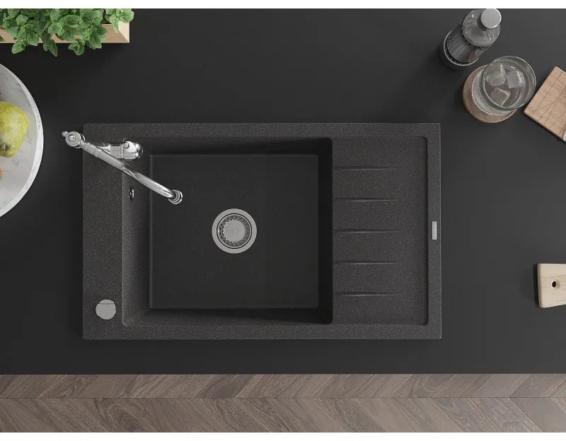 Mexen Elias, granitový drez 795x480x200 mm, 1-komorový a drezová batéria Carla, čierna škvrnitá, 6511-76-670700-00