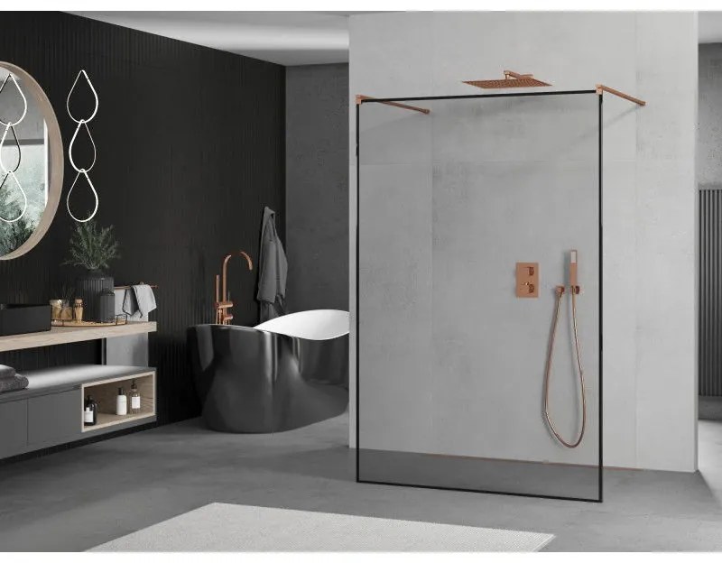 Mexen Kioto, priechodná sprchová zástena Walk-in 160 x 200 cm, 8mm číre sklo-čierny vzor, profil ružové zlato, 800-160-002-60-70
