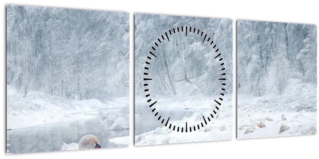 Obraz labutí (s hodinami) (90x30 cm)