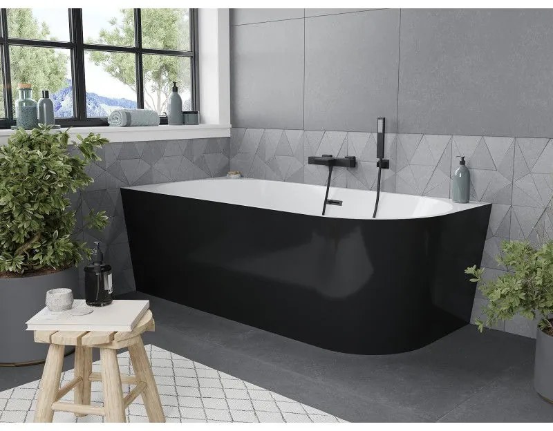 Mexen Mia, voľne stojaca rohová vaňa ľavá 140 x 75 cm, biela/čierna, čierny prepad, 52691407575L-70