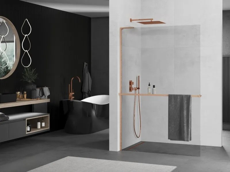 Mexen Kioto+ L, sprchová zástena Walk-In s poličkou a vešiakom 85 x 200 cm, 8mm číre sklo, medený matný profil, 800-085-123-65-00