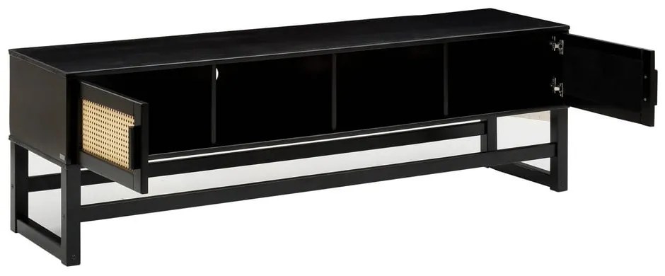 Čierny TV stolík z borovicového dreva s ratanovými dvierkami Støraa Jolene