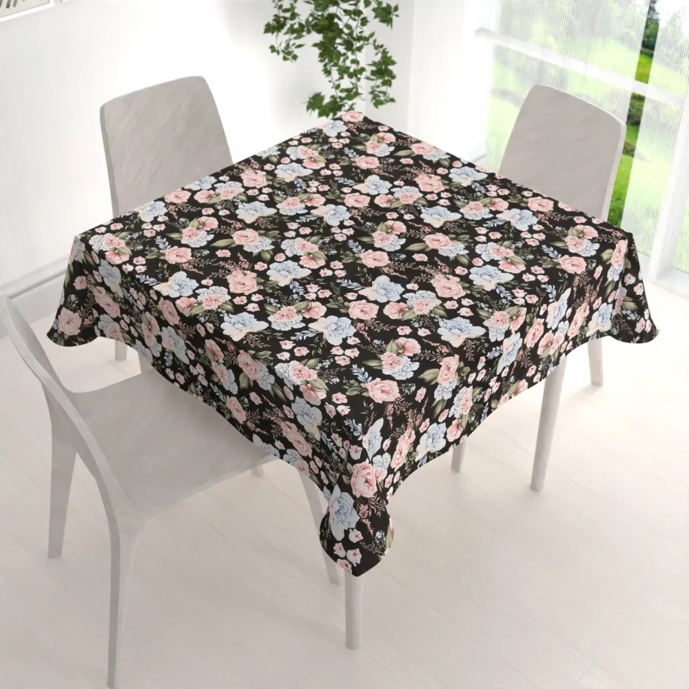 Biante Bavlnený štvorcový obrus Sandra SA-449 Modro-ružové kvety na čiernom 50x50 cm