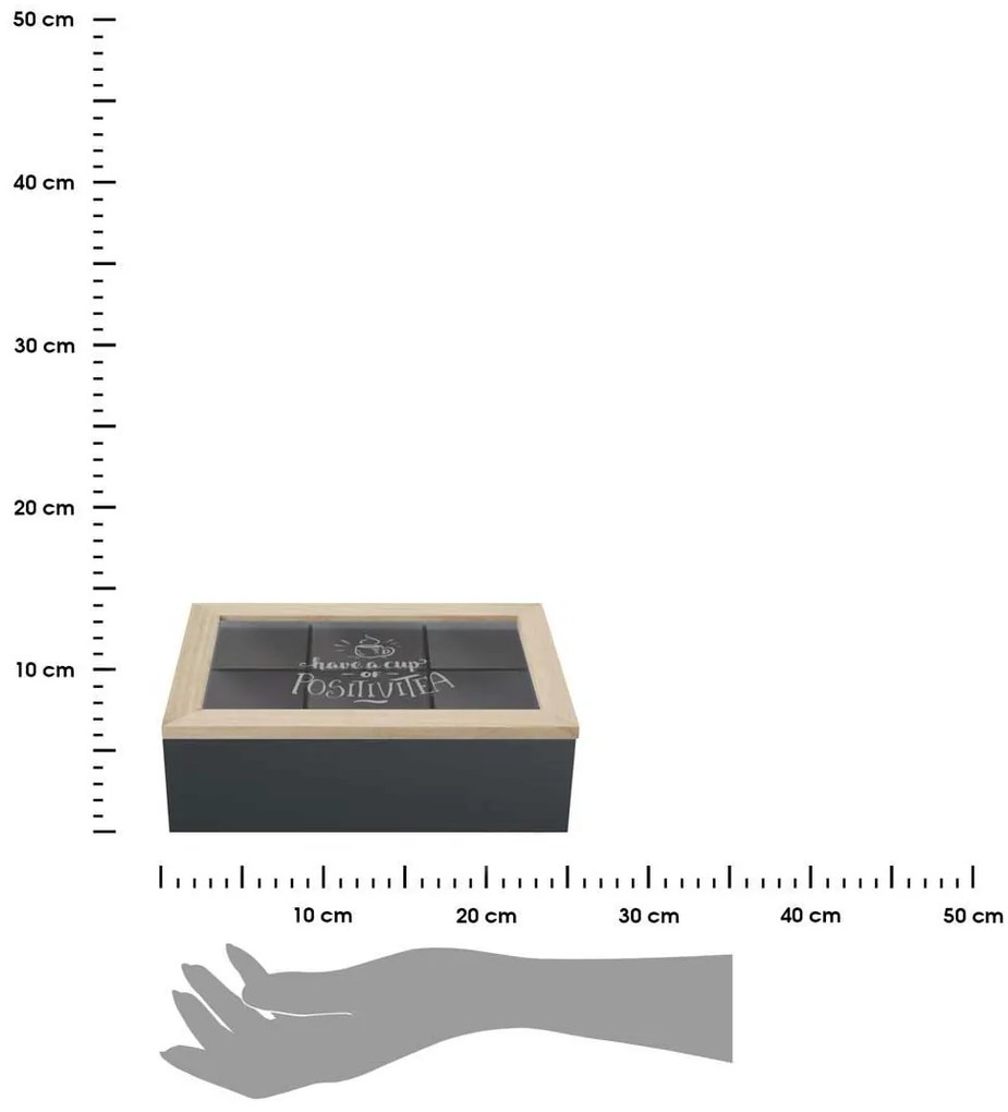 Drevený organizér na čaj Positive Black, 24x16,5x7 cm