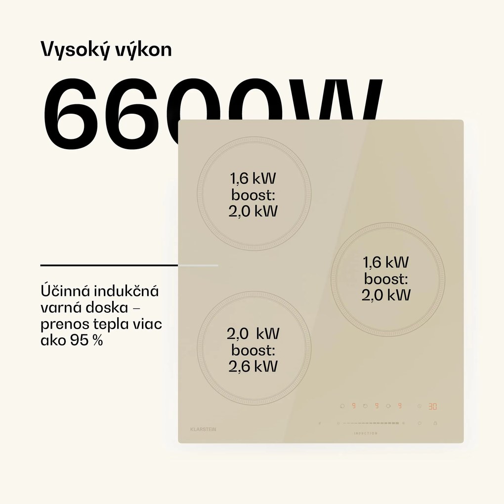 Klarstein Victoria indukčná varná doska, 45 cm, 6 600 W, 3 varné zóny, ovládanie posuvníkom, boost