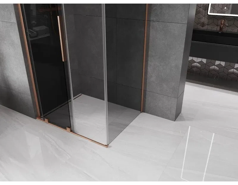 Mexen Velar L, sprchový kút s posuvnými dverami 90 x 75 cm, 8mm šedé sklo, medená matná, 871-090-075-43-65