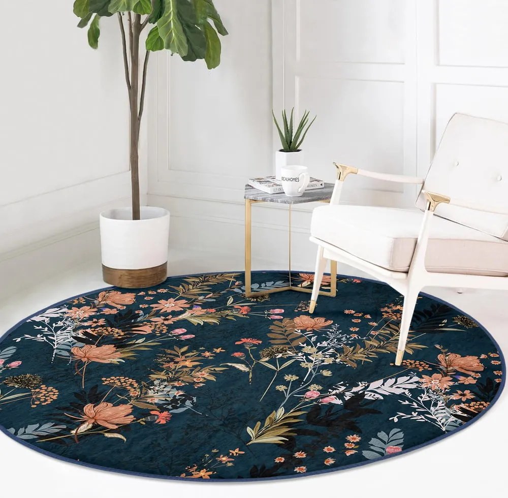 Tmavomodrý prateľný okrúhly koberec vhodný pre robotické vysávače ø 120 cm Comfort – Mila Home