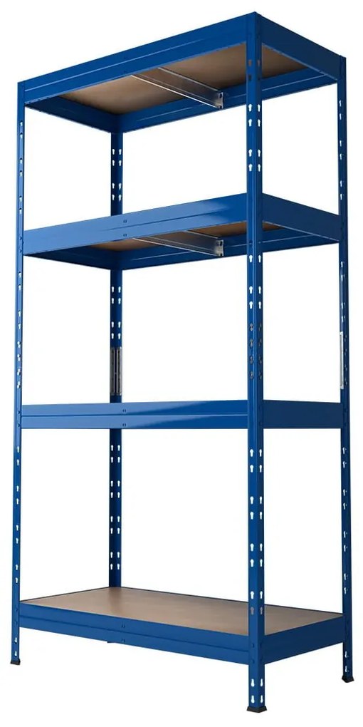 Majster Regál RIVET bezskrutkový kovový regál s HDF policou, 180x90x45 cm, 4 police, 250kg na policu, modrá farba, Modrá