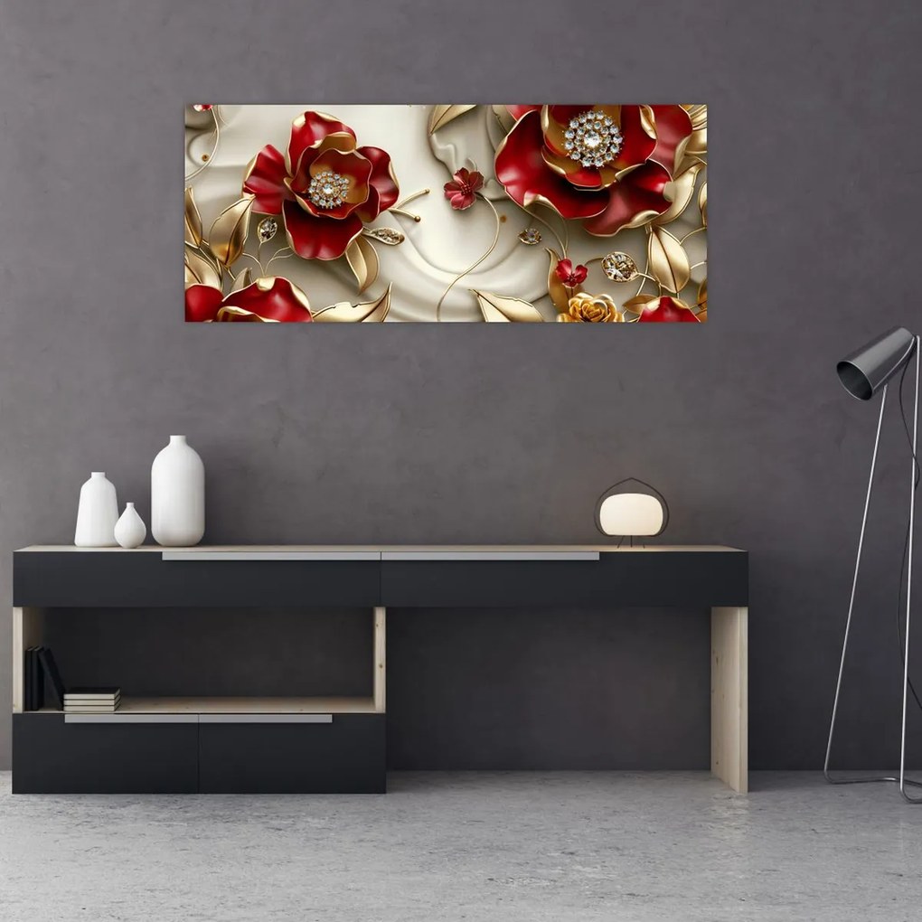 Obraz - 3D Červeno-zlaté kvety (120x50 cm)