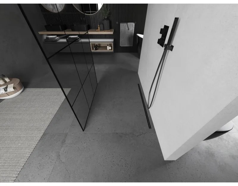 Mexen Kioto, sprchová zástena Walk-In 110 x 200 cm, 8mm číre sklo čierny vzor, grafitový profil, 800-110-002-95-77