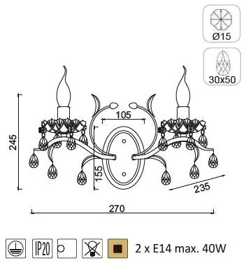 ACA DECOR Nástenné svietidlo SARDINIA max. 2x40W/E14/230V/IP20