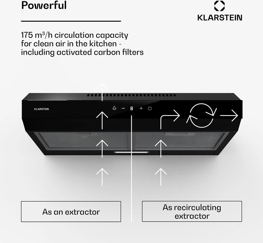 Klarstein Contempo Neo, digestor, podskrinkový, recirkulácia, 175 m³/h, SenseControl, integrované dotykové ovládanie, nehrdzavejúca oceľ / akrylátové sklo