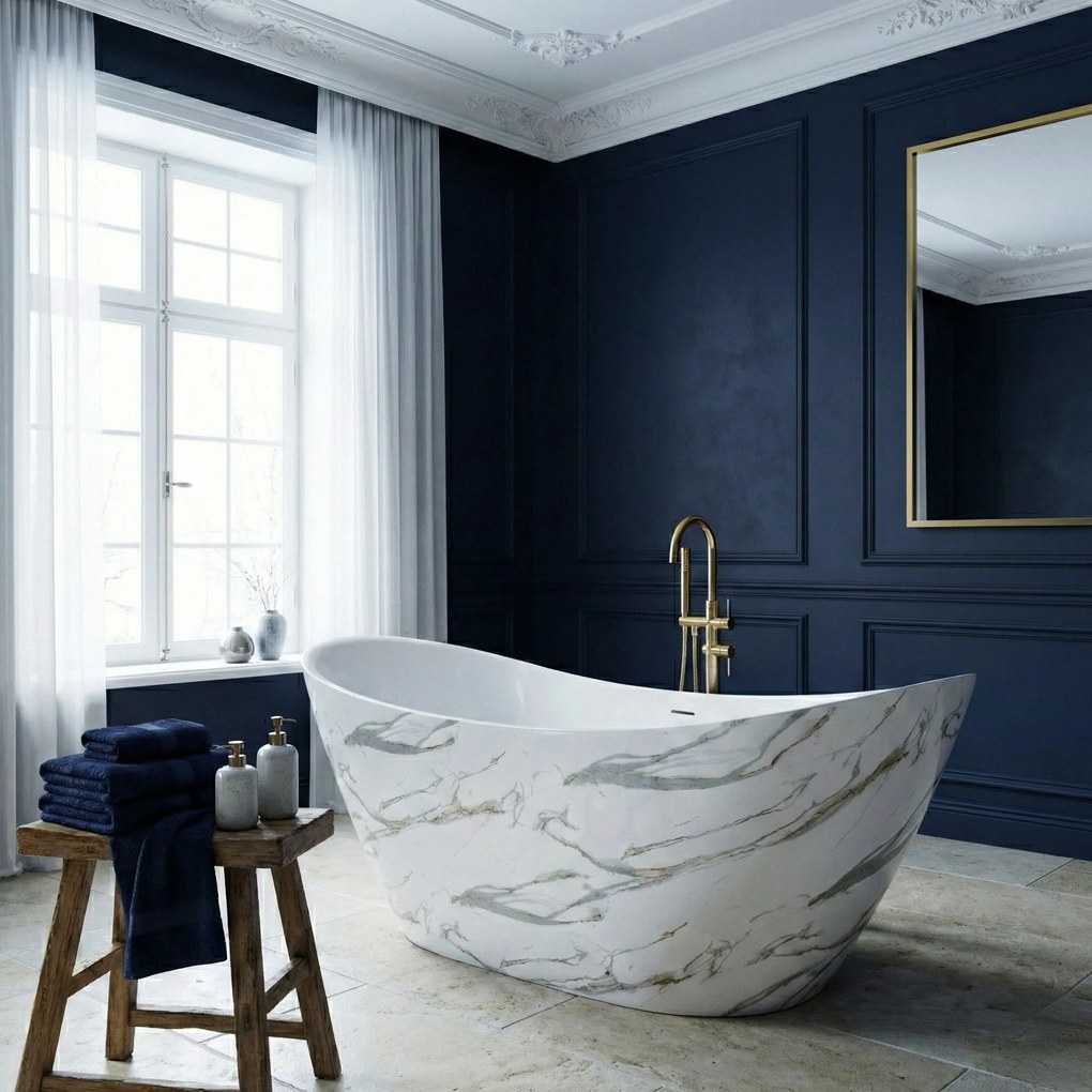 Rea Ferrano Slim, voľne stojaca vaňa 170x73 cm, imitácia kameňa, medený click-clack, KPL-W8505