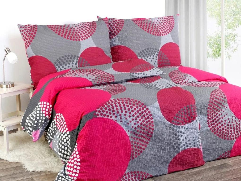Škodák Krepové posteľné obliečky vzor KR-652 Ružové a sivé kruhy - Jednolôžko predĺžené 140 x 220 cm