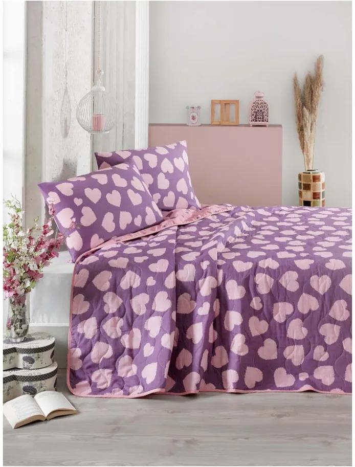 Fialovo-ružová prikrývka cez posteľ na dvojlôžko s obliečky na vankúše Pari, 200 × 220 cm