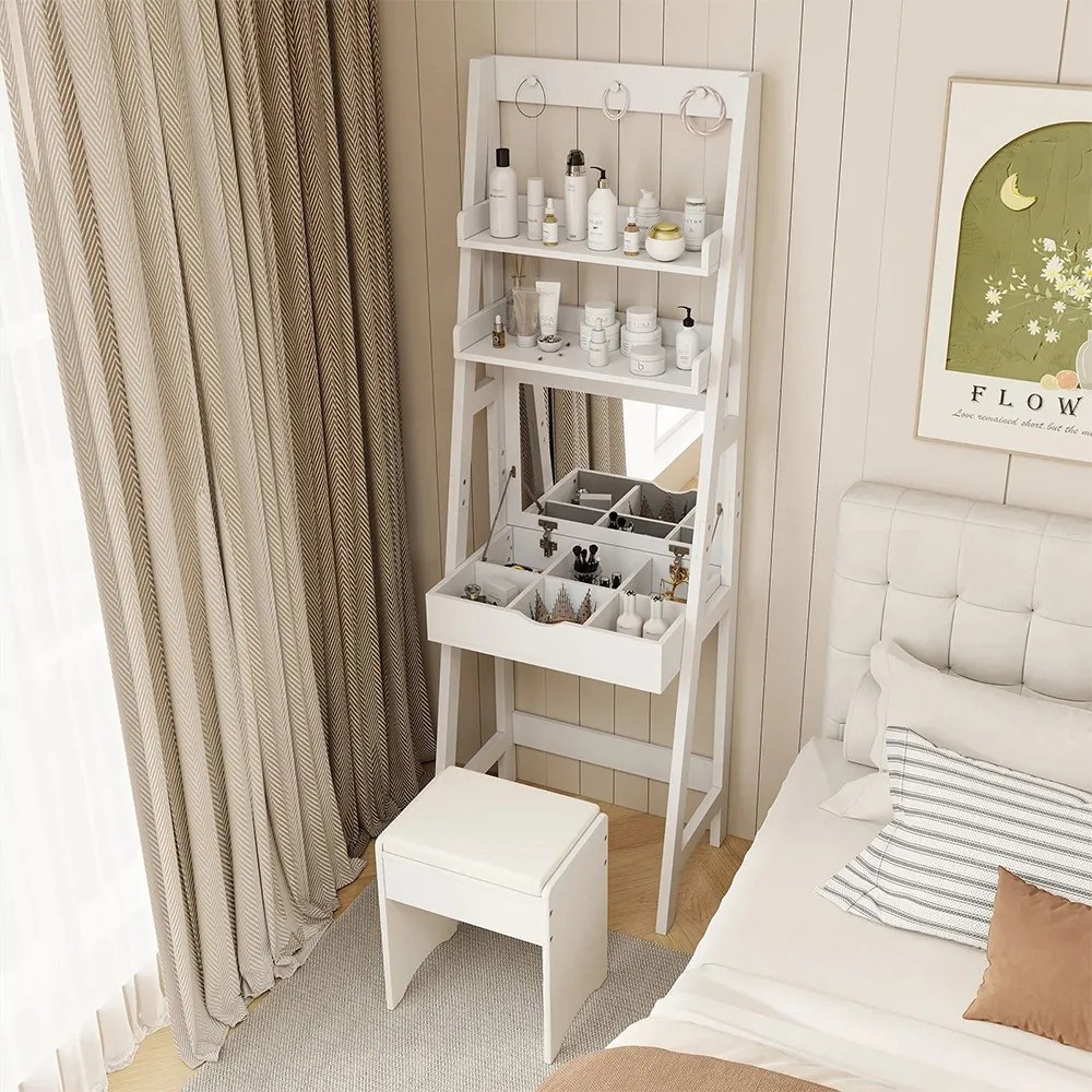 Úzky toaletný stolík s 2 policami a stoličkou, 60 x 40 x 180 cm