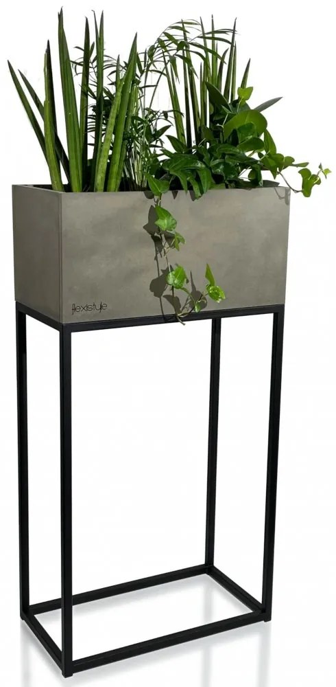 Krásny široký kovový kvetináč v šedej farbe na vysokých nožičkách LOFT FIORINO 42X22X80 cm