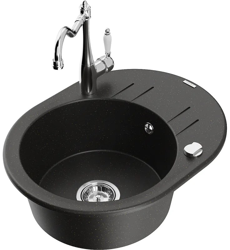 Mexen Kevin, drez granitový 586x458x190 mm, 1-komorový a drezová batéria Carla, čierna-zlatá metalíza, 6517-75-670700-00