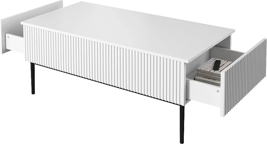 Konferenčný stolík Nicole 120 cm so zásuvkami a kovovými nohami - matná biela / čierne nohy