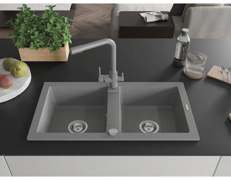 Mexen Mario, 2-komorový granitový drez 820x436x161 mm a šedá drezová batéria Duero, šedá, 6504-71-671600-71