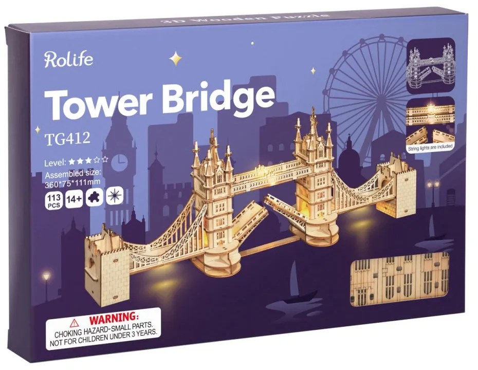 Robotime Rolife Svietiaci 3D drevené puzzle Tower Bridge 113 ks