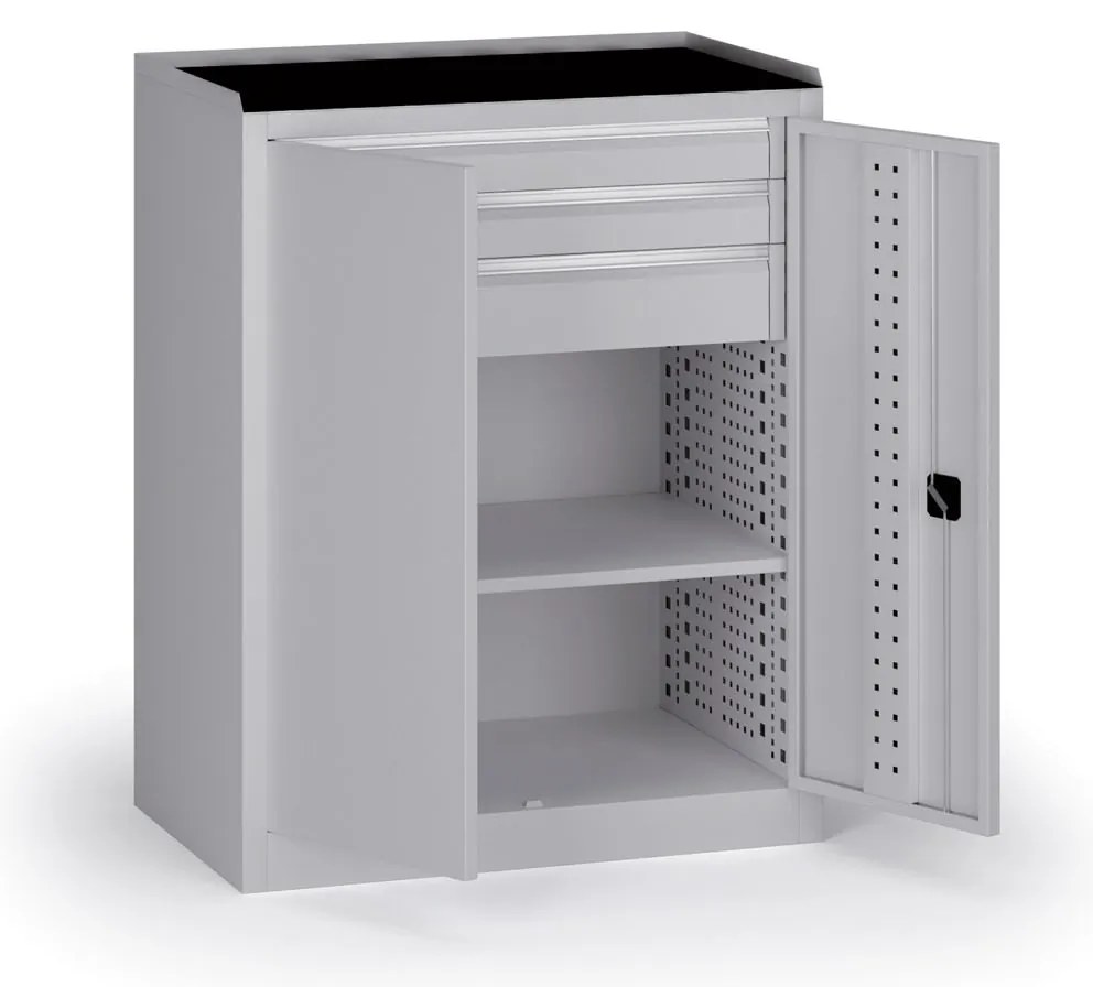 Dielenská skriňa nízka na náradie KOVOS, 1 police, 3 zásuvky, 950 x 600 x 1180 mm, sivá
