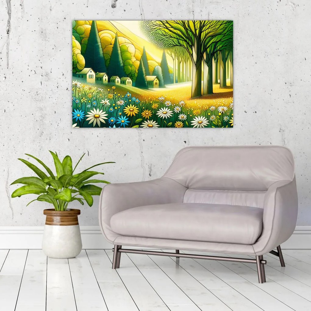 Obraz - Dedina v žlto-zelenej (90x60 cm)