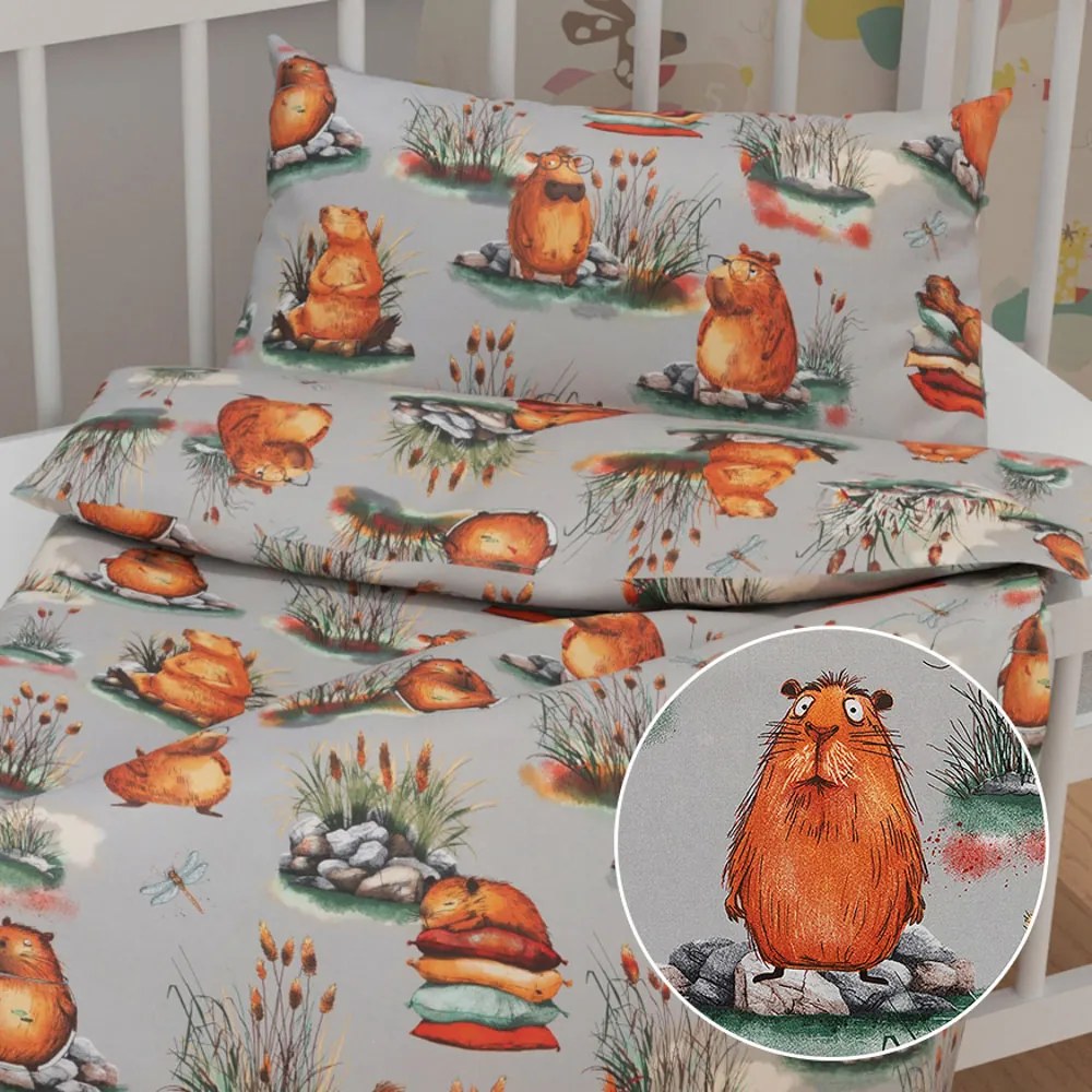 Biante Detské bavlnené posteľné obliečky do postieľky Sandra SA-711 Kapybary na sivom Do postieľky 90x140 a 50x70 cm