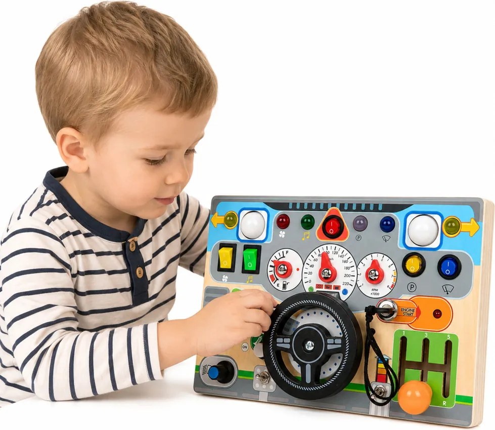 LEAN Toys Drevená vzdelávacia manipulačná tabuľa – volant, svetlá, zvuky