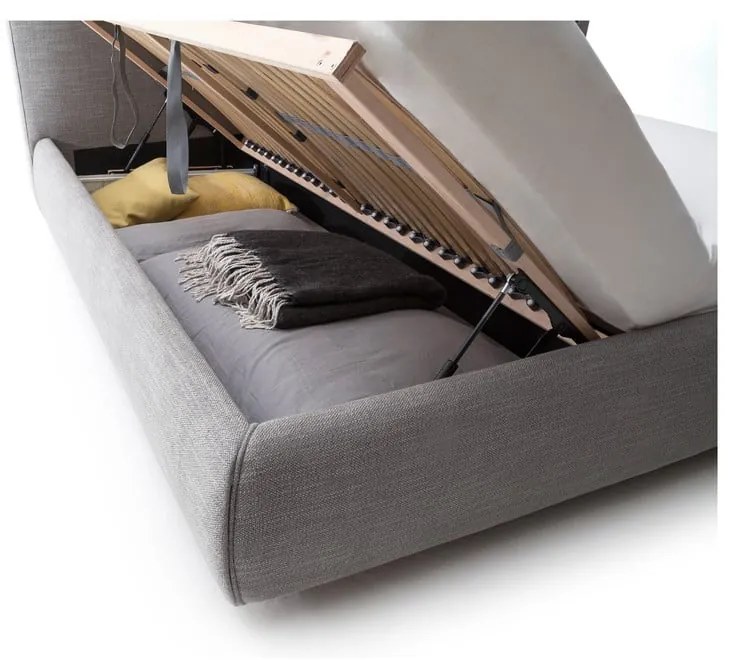 Sivá čalúnená dvojlôžková posteľ s úložným priestorom s roštom 180x200 cm Atesio – Meise Möbel