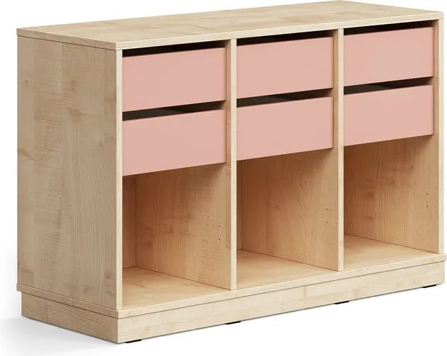 Úložná skrinka CASPER, 6 zásuviek, 3 priehradky, so soklom, breza/tmavoružová