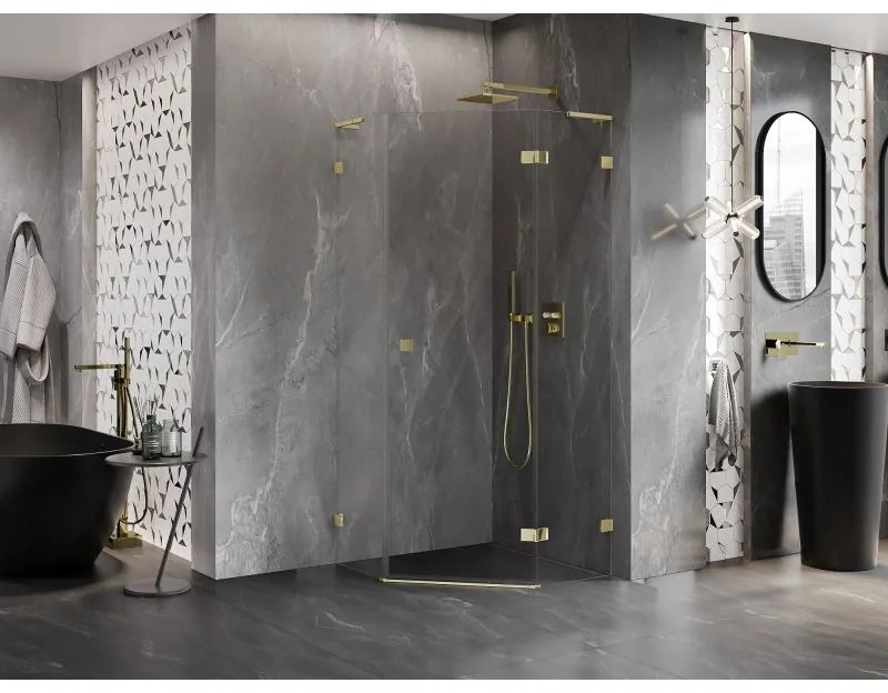 Mexen Lunar, L pravý výklopný päťuholníkový sprchový kút 100 x 100 cm, 8mm číre sklo, zlatý profil, 831L-100P-100L-50-00-P