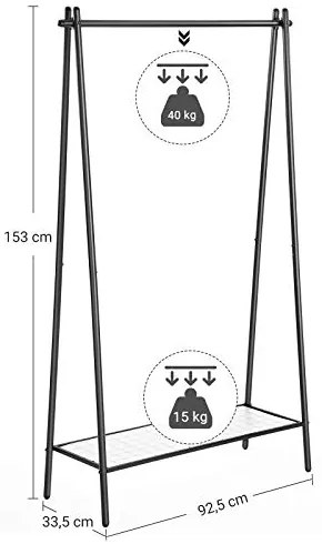 Stojan na šaty, 1polica, čierny, 153x92,5x33,5cm