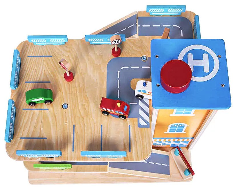 Wellhox Drevená garážová dráha s výťahom + autá