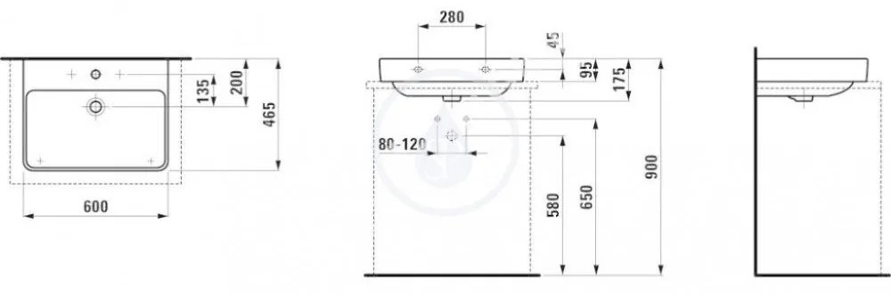 LAUFEN Pro S Umývadlo, 600 mm x 465 mm, 3 otvory na batériu, biela H8169630001081