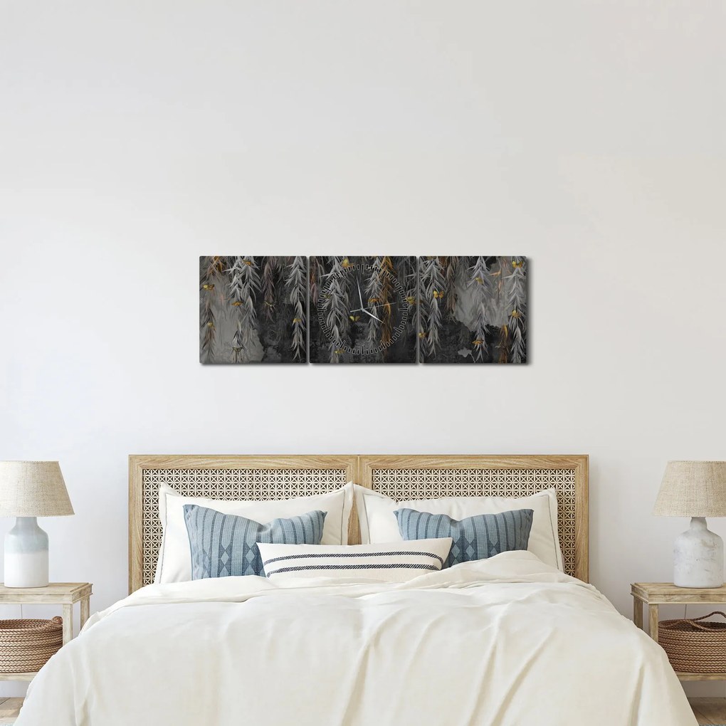 Obraz - Vŕbové vetvičky v čiernom pozadí (s hodinami) (90x30 cm)