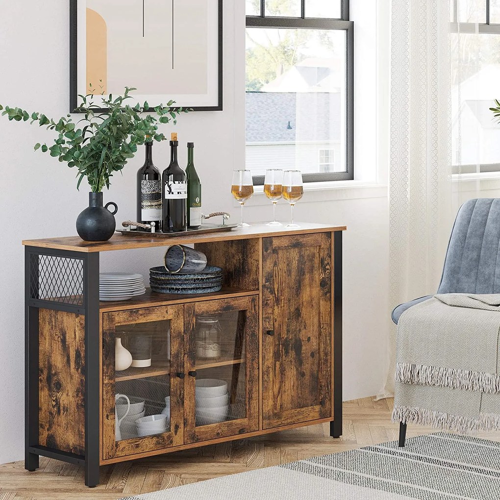 Príborník s 3 dvierkami, úložná skrinka, rustikálny hnedý a čierny