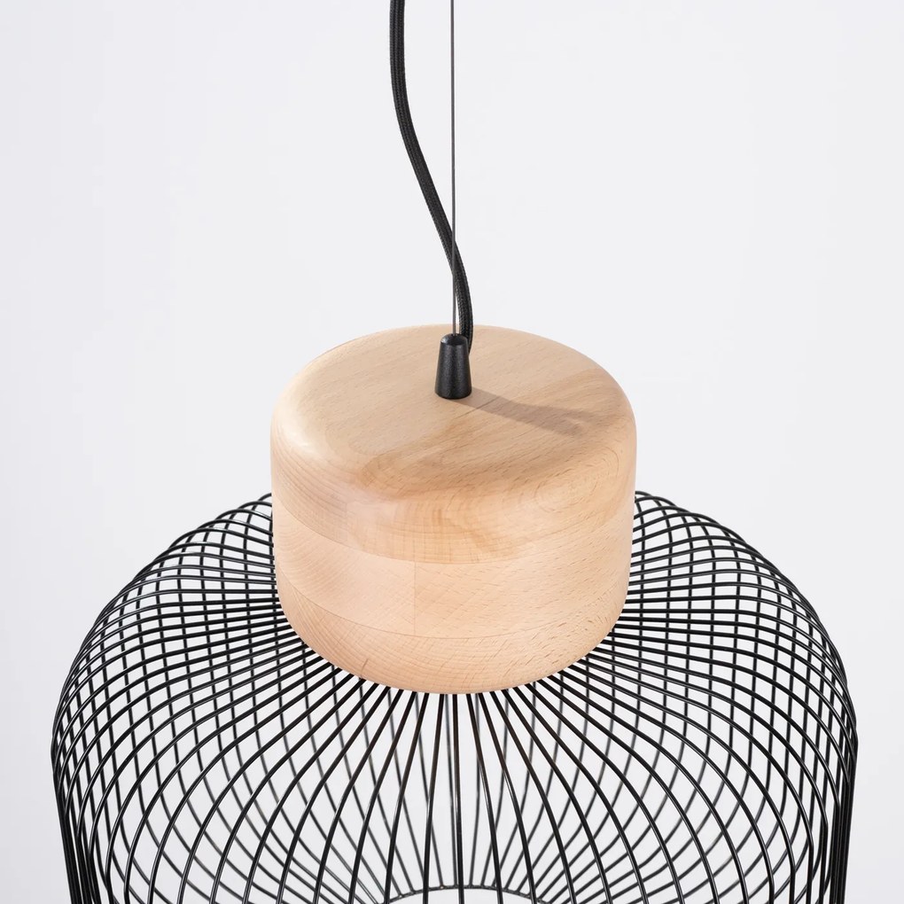 Závesné svietidlo Gabbia, 1x čierne drôtené tienidlo, drevo, (fi 35cm)