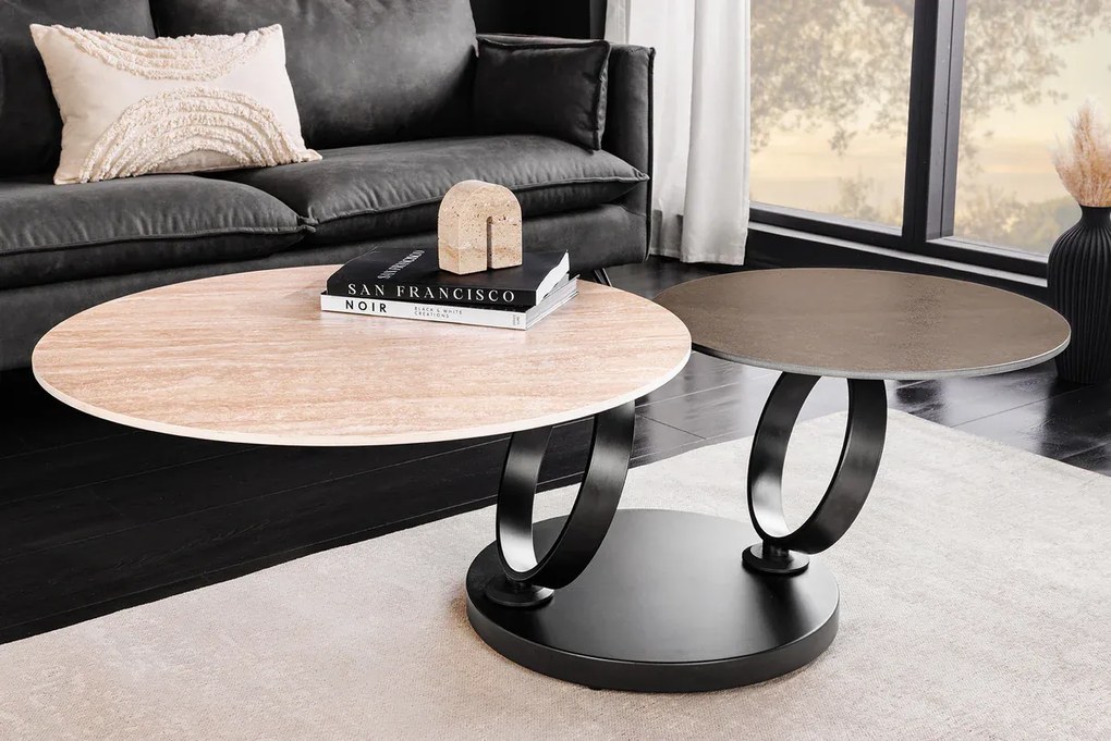 Konferenčný stolík DANCING RINGS 80-135 cm otočný keramický vrch s prírodným travertínom a hrdzavým vzhľadom