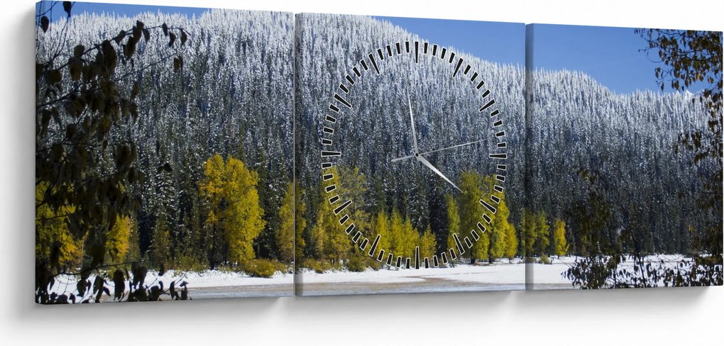 Obraz - zasnežené hory v zime (s hodinami) (90x30 cm)