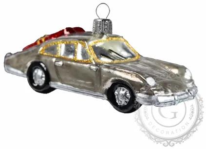 Vánoční ozdoba autíčko stříbrné s lyžemi