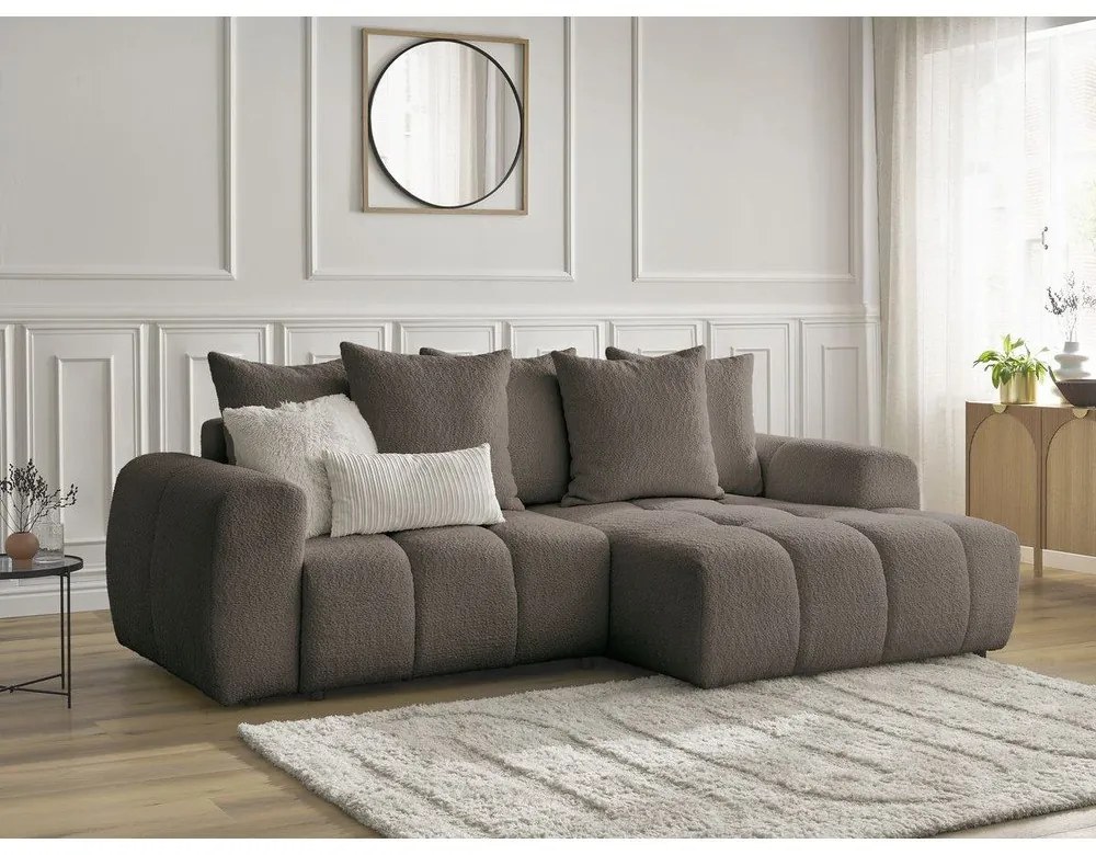 Hnedá rozkladacia/s úložným priestorom rohová pohovka z textílie buklé (pravý roh/s leňoškou) Roxelane – Bobochic Paris