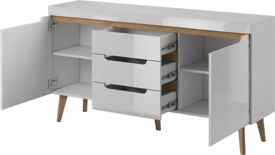 Široká komoda Nordi, dub riviéra/biela lesk