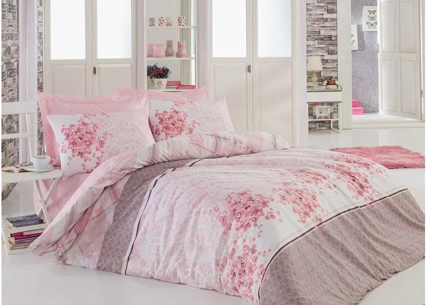 Ružové bavlnené obliečky s plachtou na dvojlôžko Sonya Powder, 200 × 220 cm