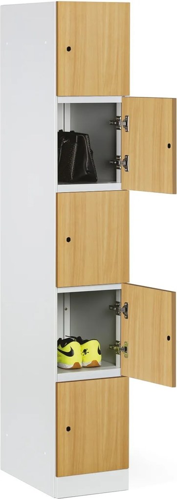 Šatníková skrinka S1 s úložnými boxmi, 5 boxov, 1850 x 300 x 500 mm, kódový zámok, laminované dvere, breza