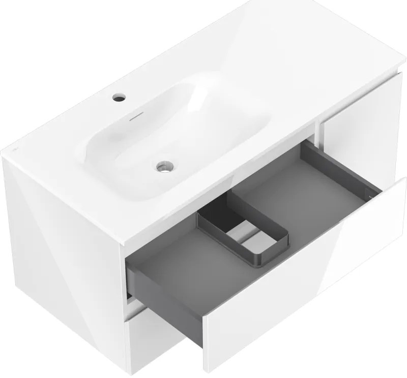 Mexen Orio, kúpeľňová skrinka 100 cm s umývadlom Vela vľavo, 2S, 1D, biela lesklá, 91A13-10047-3-BBFFF00-W23L00