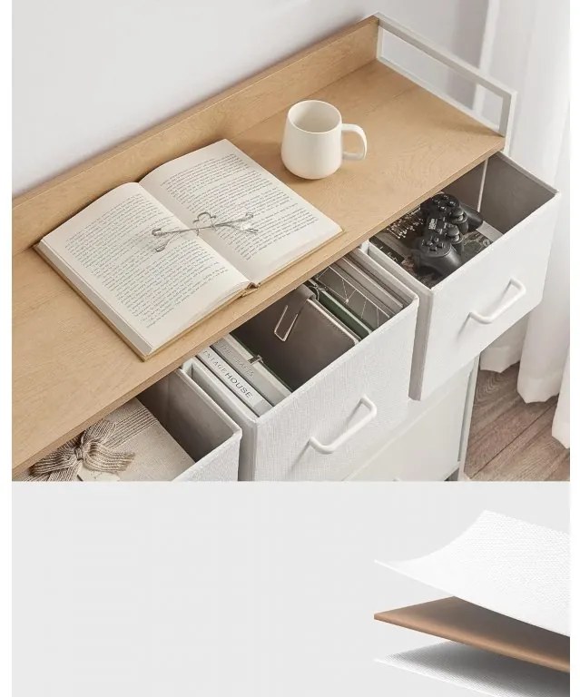 Komoda s látkovými zásuvkami Vasagle Busman dub biela/biela